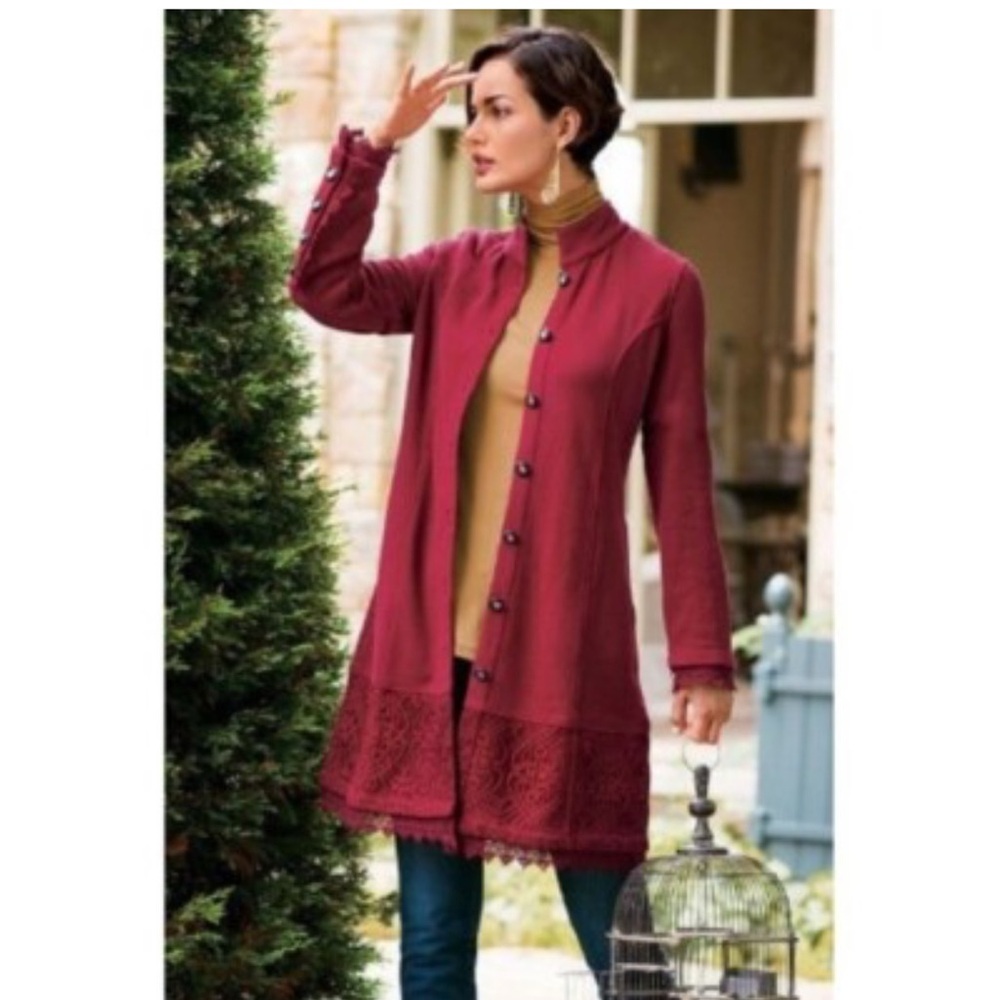 Soft Surroundings Chelsea Red Long Jacket Button Down Women's Medium Lace 1X